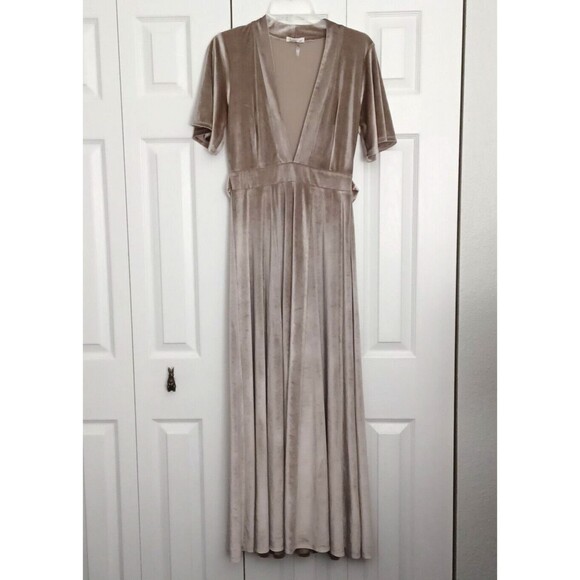 YF&B On The Road Temptress Velvet Maxi Dress Size S Taupe Deep V-neck - Picture 3 of 14